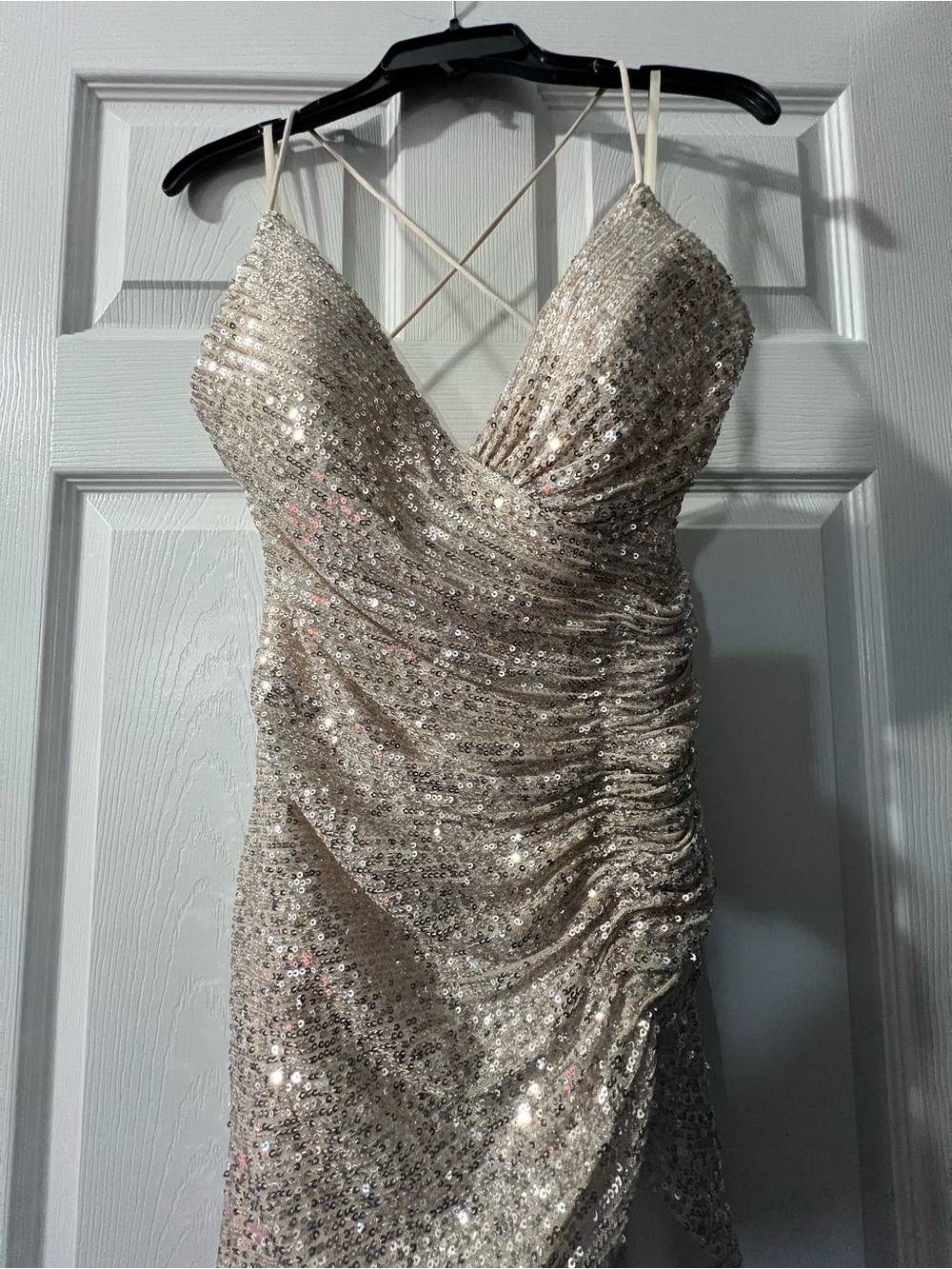 Gold Sequin Ruched Spaghetti-Strap Formal Dress
